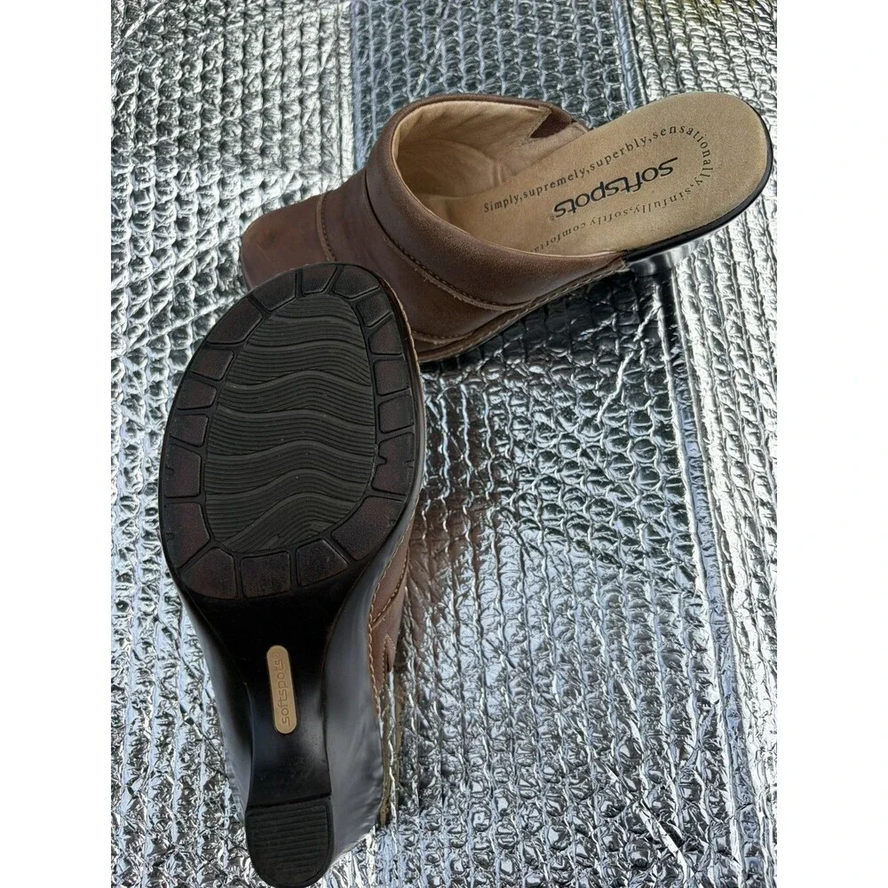 Softspots Women’s Brown Leather Slip-On Mule Wedge Heel Round Toe, Stitching